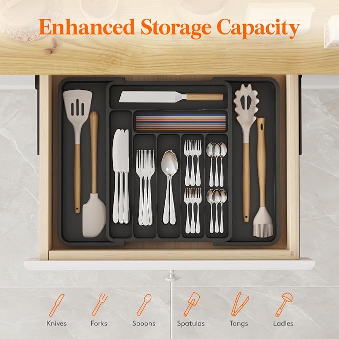 Lifewit Utensil Organizer for Kitchen Drawer, Expandable Cooking Silverware Tray, Adjustable Cutlery Flatware Holder, Plastic Spatula Tools Storage Divider, 11.8-19.6 x 15", Black