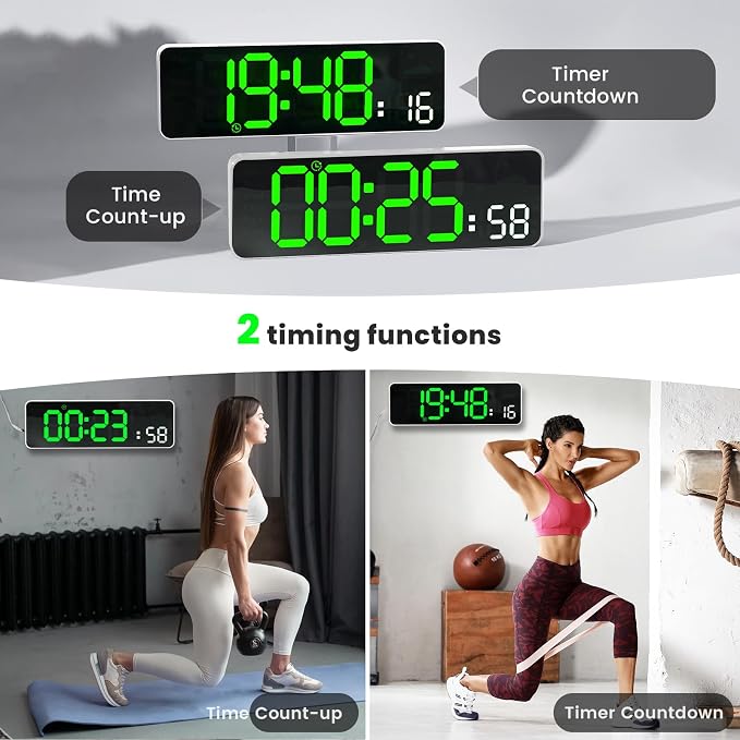 Digital Wall Clock, 12" Digital Clock with Temperature, Humidity, Weatherforecast, Day of the Week, Timer, Auto-dimming, for Living Room/Classroom/Gym/Church/Shop/Garage,Green