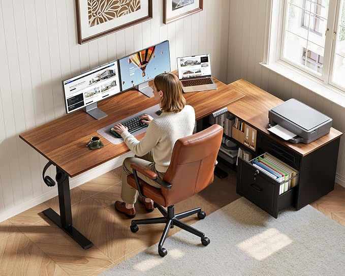 OffiGo 48 Inch L Shaped Electric Standing Desk with Drawers & File Cabinet Sets, Executive Sit Stand Desk, Height Adjustable Computer Desk for Home Office, Writing, Workstation, Walnut+Black