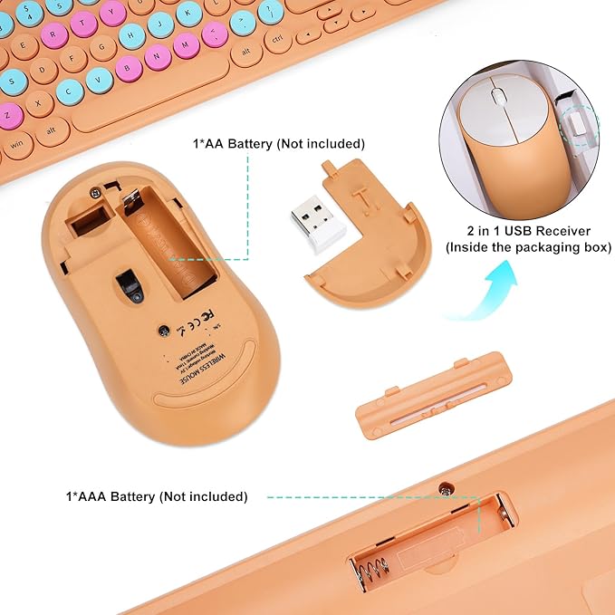 Wireless Keyboard and Mouse Combo, Retro Typewriter Keyboard with Round Keycaps, 2.4GHz USB Cute Wireless Keyboard Mouse for Computer, Desktop, Laptop and Computer (Orange Colorful)