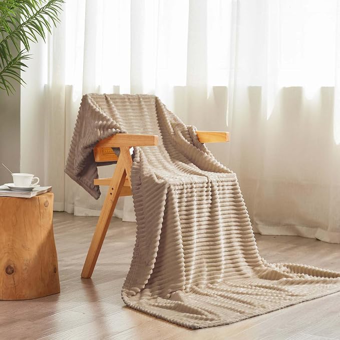 Vessia Flannel Fleece Twin Blanket for Couch,Sofa,Bed, 300GSM Striped 60x80inch Camel Blanket for Adults and Kids, Super Soft Warm Cozy Lightweight Ribbed Brown Throw for All-Season