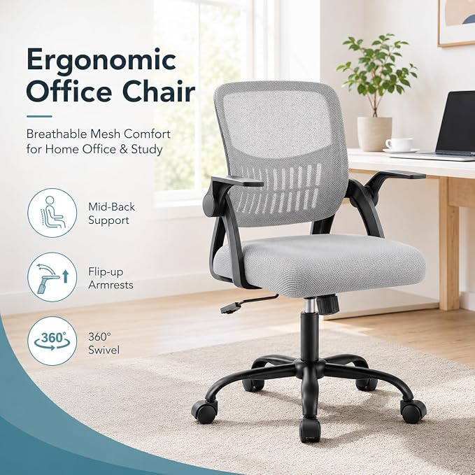 Ergonomic Office Chair, Home Office Desk Chair, Breathable Mesh Desk Chair with Adjustable Lumbar Support and Flip-up Armrests, Game Chairs, 360° Swivel Desk Chairs for Conference, Meeting Room(Grey)