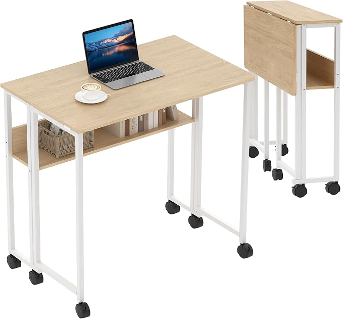 GarveeHome Folding Desk Small Rolling Desk with Storage Shelf,31.5 Inch Foldable Computer Table with Wheels,Portable Office Desk for Small Space Sofa Table,Easy to Fold