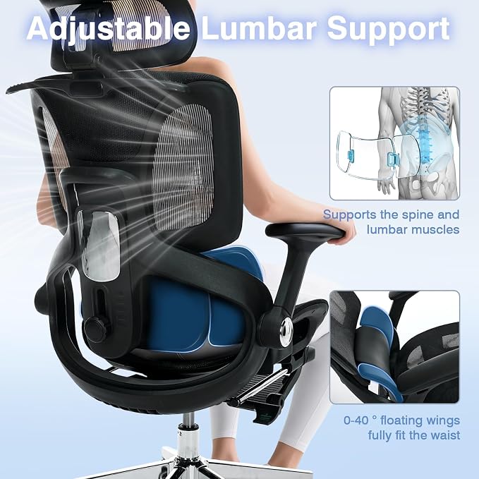 Ergonomic Mesh Office Chair with Footrest, High Back Desk Chair with 4D Armrests, 3-Zone Dynamic Lumbar Support, Ergonomic Office Chair with Wheels (Black)