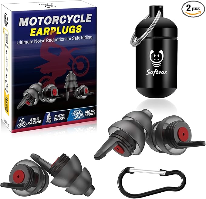 Motorcycle Ear Plugs 2Pairs, Wind Noise Reduction & Prevent Hearing Damage, Comfort Reusable Earplugs for Motorsports, Touring, Racing, Riding, 2 Sizes Fit All Ear-Canal, 25dB Noise-Reduction Earbuds