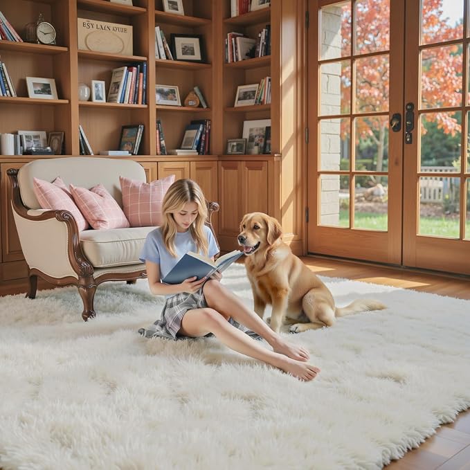 Area Rugs 9x12 Living Room, Large Area Rug Shaggy Carpet Soft Plush Furry Bedside Rug, Machine Washable Area Rugs for Bedroom Home Decor Non-Slip(9 x 12, Cream)