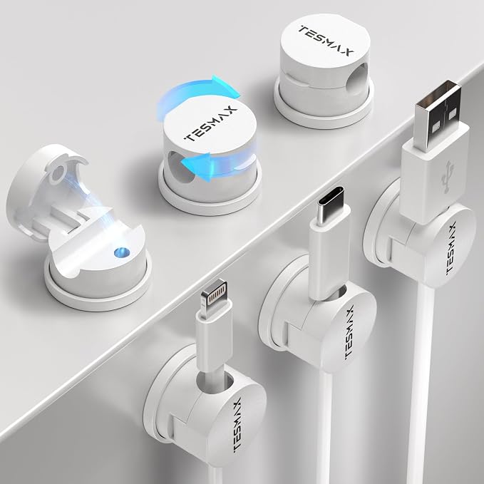 6Pack Magnetic Cord Holder 360° Rotating, 1s Lock Adhesive Desk Organizers | 8mm Cable Pass-Through, One-Hand Easy Installation for Cable Management, Phone Charging Wires Nightstand Car Home Office