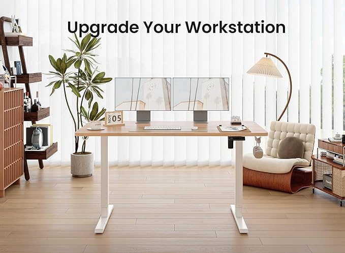BANTI 40 × 24 Inches Standing Desk, Ergonomic, Electric Height Adjustable, Sit and Stand Up, Computer Office Desk with Splice Board, White Frame/Maple Top