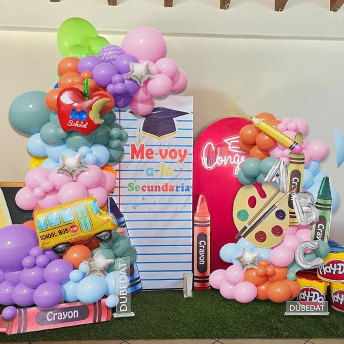 Back to School Balloon Arch Kit,Retro pink purple green Balloons Pencil Apple Bus ABC Foil Balloons for Welcome Back To School Classroom Party First Day of School Kindergarten Decorations