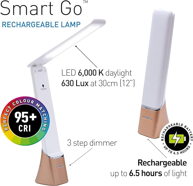 Daylight Company Smart Go Portable Lamp, Ideal for Reading, Light Therapy, Everyday Tasks, Crafts, Desk Work, DIY, Led, Chargeable lamp, 95+ CRI, 1 Count (Pack of 1), White