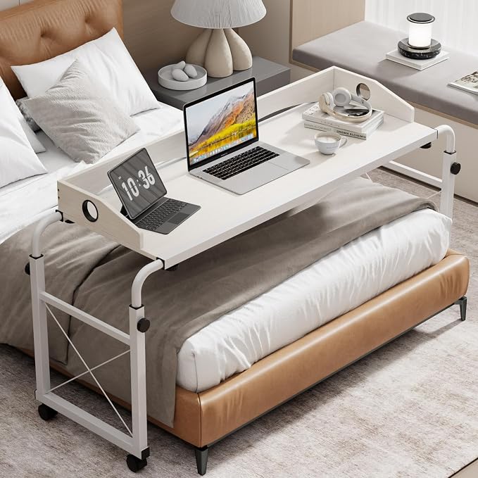 BYMECOST Laptop Desk for Bed, Adjustable Height & Length Laptop Bed Table | Overbed Table with Wheels for Queen Size Beds,Rolling Standing Desk,Over Bed Desk for Working Reading Eating