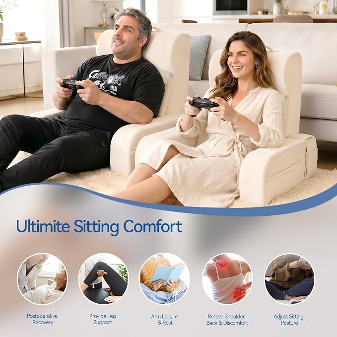 Kayfia Reading Pillow, Gel Memory Foam Back Rest Pillow, 19", Ivory | 3 Storage Pockets, Dual-Use Back Leg Support Pillow, Detachable Armrests, Ideal for Reading, Gaming, Working on Bed & Couch