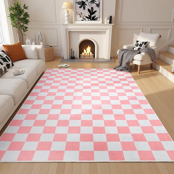 Terrug Pink and White Checkered Rug for Living Room,8x10 Area Rugs Washable with Non Slip for Bedroom,Soft Low Pile Stain Resistance Retro Carpet for Dorm Kids Room