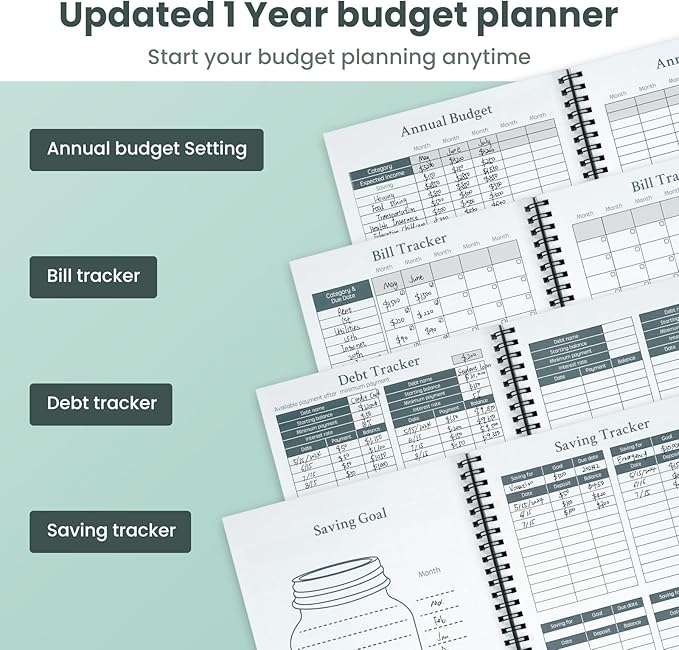 Monthly Budget Planner Book (Undated) with 12 Pockets for Income, Debt, Saving, Expense and Bill Tracker Organizer, Financial Planner for Men and Women, Dark Green, Spiral Design