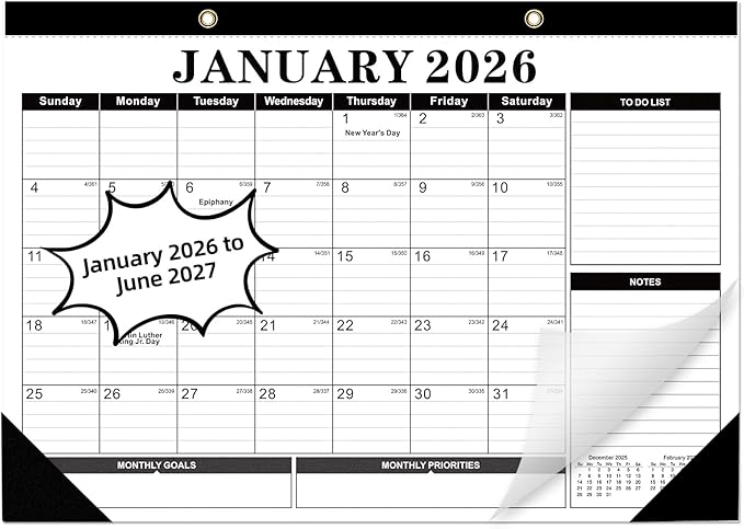 Tcamp 2026 Calendar, Desk Calendar 2026-2027 from January 2026 to June 2027, Big 17" x 12" Wall Calendar with Julian Dates, 18 Months Desk Planner for Home School Office Desktop, Christmas Gifts