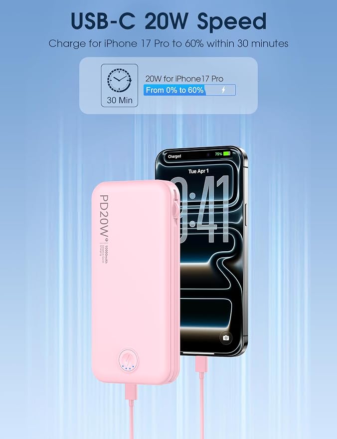 Nusyddy Portable Charger 10000mAh PD20W w/Built-in Cables & Wall Plug Pink | PD20W Fast Charging, Battery Indicator, Pass Through Charging, TSA Approved, Compact/Slim, Power Bank for iPhone/iPad/Samsung