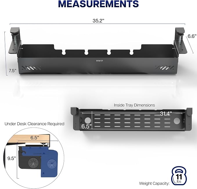 VIVO No Drill 35 inch Under-Desk Clamp-On Cable Management Box with Flip-Open Lid, Easy-to-Open Steel Cord and Power Strip Organizer, Cable Organizer Tray, 11 lbs Capacity, Black, DESK-ACMB35-C