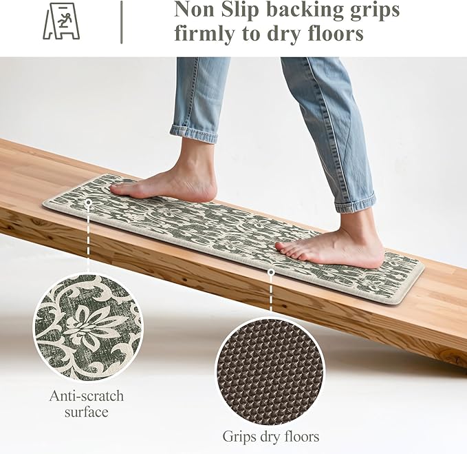LEEVAN Green Kitchen Mat Sets of 2, Vintage Distressed Anti Fatigue Memory Foam Kitchen Floor Mat for Laundry,Non Slip Cushioned Standing Mat for Home, Office, Desk,Sink(17''x29''+17''x47'')