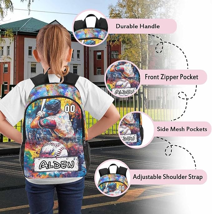 Personalized Baseball Backpack with Name Back to School Supplies Bookbag for Kids Boys Custom Football Basketball Player Schoolbag and Water Bottle Cup&Pencil Pouch School Backpacks with Lunch Box Set