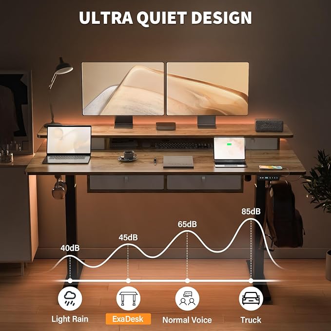55 * 30 Inches Electric Standing Desk Adjustable Height with 4 Drawers, Double Storage Shelves Stand Up Desk, Home Office Workstation Sit Stand Desk (Light Rustic Brown)