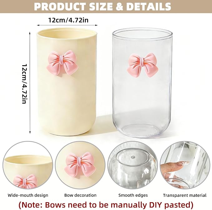 2 Pack Pen Pencil Holder for Desk, Acrylic Desk Organizer with Bow Clear Makeup Brush Holder Cup Desktop Stationery for Office School (Transparent+Beige)