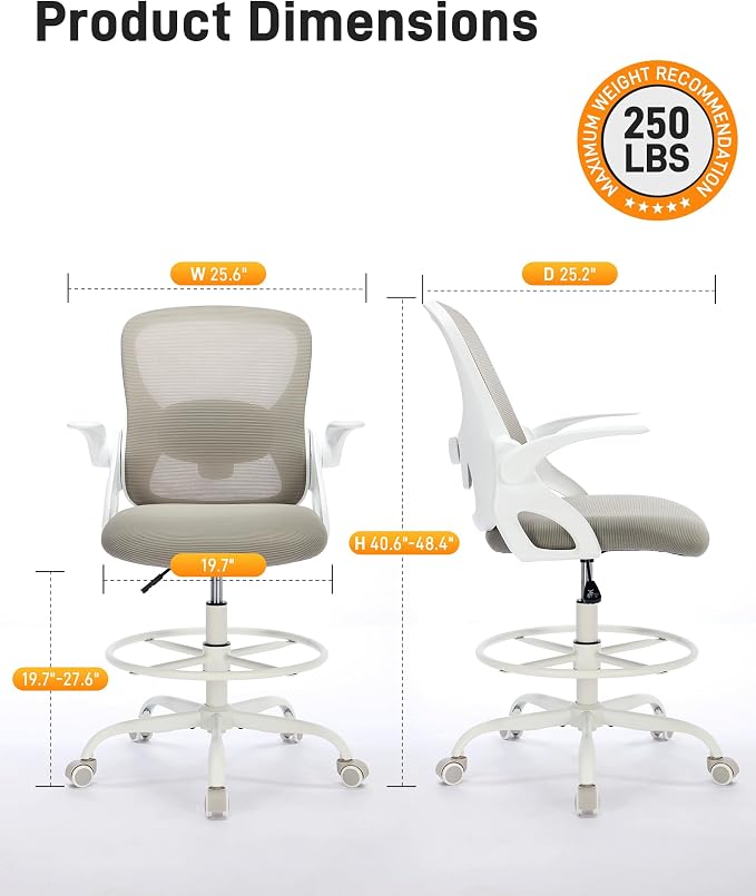LukkDys Drafting Chair with Arms, Tall Office Chair for Standing Desks | Ergonomic lumbar pad, breathable mesh and foot ring support forward-leaning posture for sewing, crafts and daily studio work.