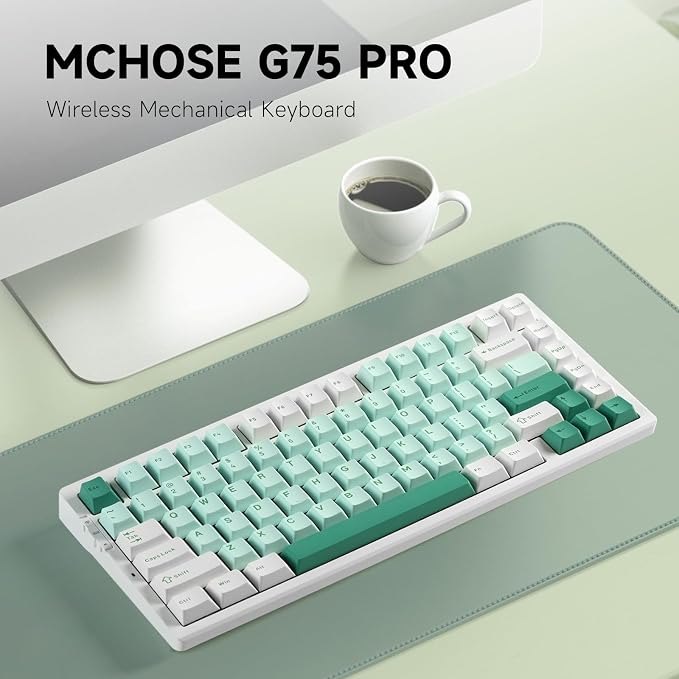 MCHOSE G75 PRO 75% Wireless Mechanical Keyboard, TKL Keyboards Tri-Mode BT5.0/2.4GHz/USB-C, Hot Swap Custom Creamy Keyboards Linear Switch, Double Shot PBT Keycaps RGB LED Backlit, White&Green