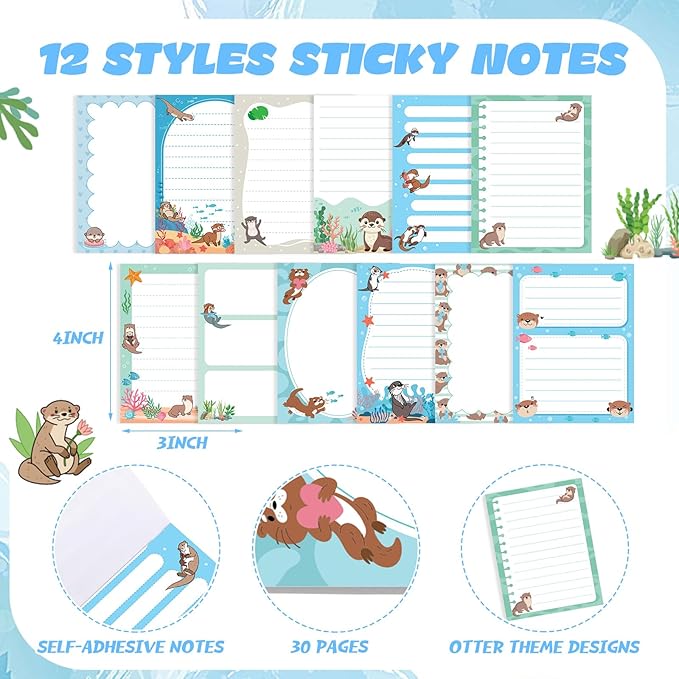 12 Pads Otters Sticky Notes Cute Animal Sticky Note Pads 3 x 4 Inches Cartoon Adhesive Memo Reminder Decor for Sea Otter Lovers Journal Home Office Gifts Christmas Small Gift