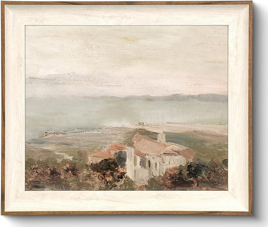 Framed Wall Art Decoration Canvas - Vintage Coastal Oil Painting Artwork Prints, Neutral Landscape Picture for Room Decor, Farmhouse Bedroom Bathroom - 10x12 Inch