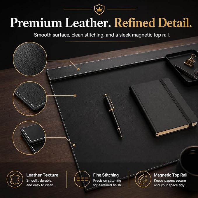 Fumete 31.5" x 17.7" PU Leather Desk Pad Mat, Large Waterproof Desk Blotter with Top Rail, Dual-use Writing Board & Mouse Pad for Office Home Desktop
