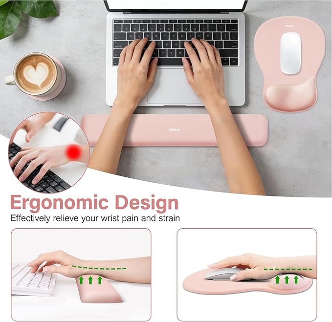 MOSISO Wrist Rest Support for Mouse Pad&Keyboard Set, Ergonomic Mousepad&Coaster, Non-Slip Base Home/Office Rectangular Easy Typing Cushion Pad with Soft Cloth&Curved Concave Memory Foam, Peach Fuzz