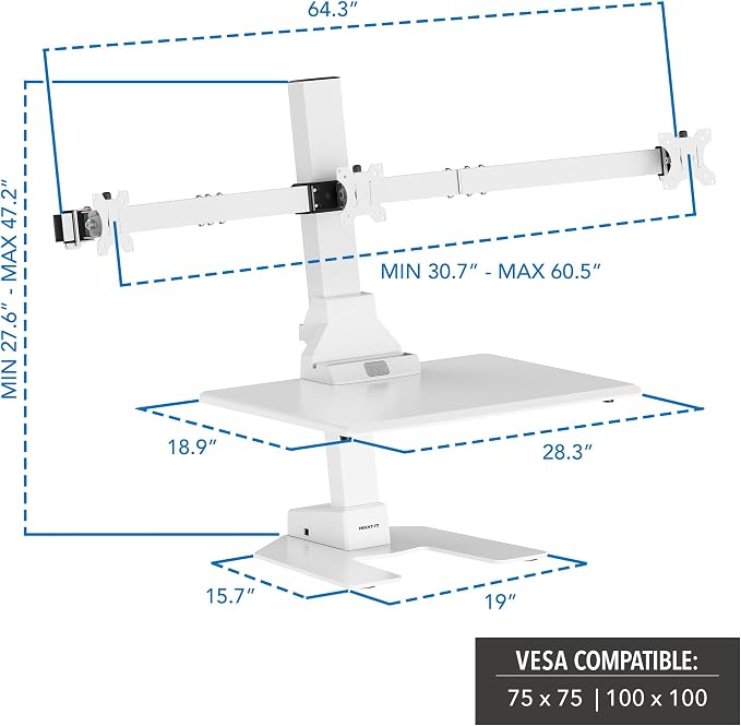 Mount-It! Triple Monitor Electric Standing Desk Converter - 3 Monitor Standing Desk is Height Adjustable, Sit-Stand Converting Desk for Home, Office Monitor Mounts Fits Screens up to 32" White