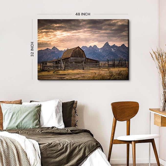 Grand Teton National Park Canvas Wall Art Sunset Moulton Barn Landscape Wall Decor, Wyoming Nature Mountains Scenery Picture Artwork Painting Decoration for Home Living Room Bedroom Kitchen 32x48"
