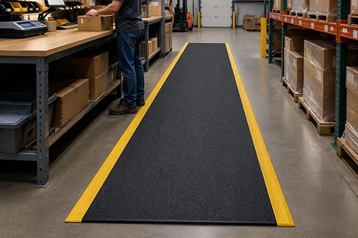 Guardian 24031001BY Soft Step Anti-Fatigue Floor Mat, Vinyl, 3'x 10', Black with Yellow Stripe
