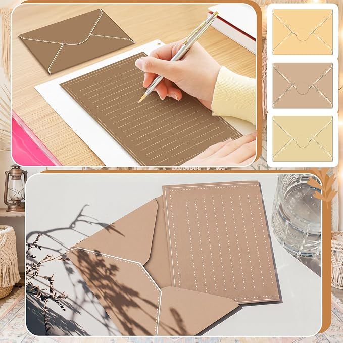 TaoBary 160 Packs Stationery Paper Set (50 Double Sided Stationery Writing Papers 50 Matching Envelopes) 60 Round Dot Sticker, 10 Design (5.5 x 8.25 Inch,Brown Color)
