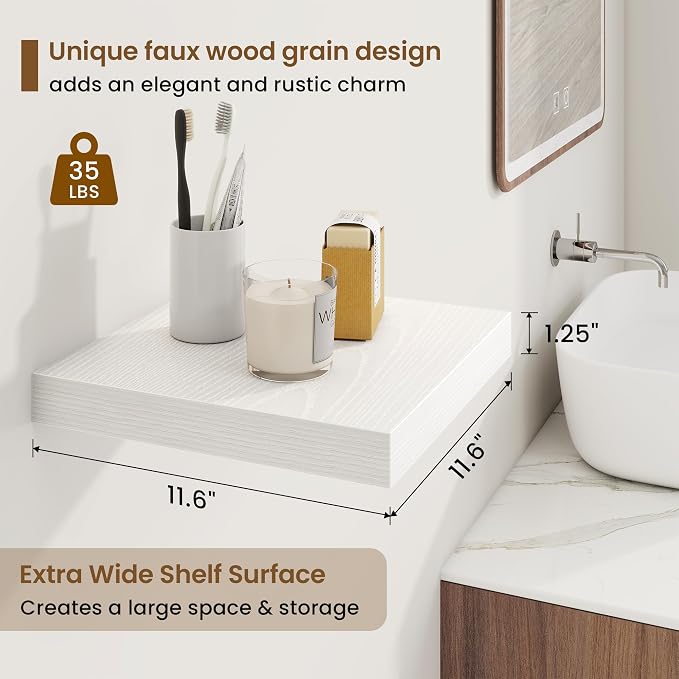 Square Floating Shelves for Wall, 11.5"W x 11.5"D x 1.25"H, 3 Pack Small Wall Mounted Engineered Wood Shelves with Invisible Brackets for Living Room, Bedroom, Bathroom, Kitchen Decor, White