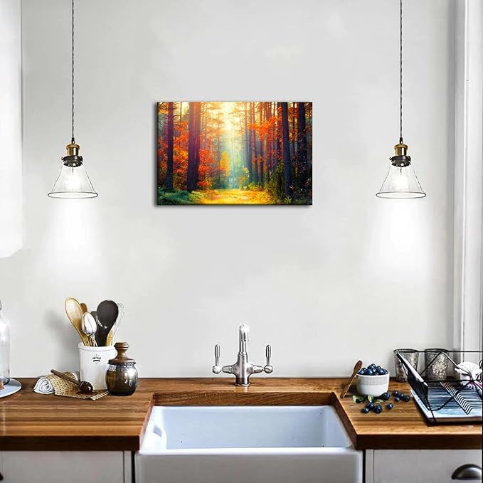 Fall Forest Canvas Wall Art Autumn Tree Scenery Wall Decor for Living Room Bedroom Nature Landscape Pictures Sunshine Orange Maple Leaves Painting Prints Artwork Dining Room Home Decorations 12x16”