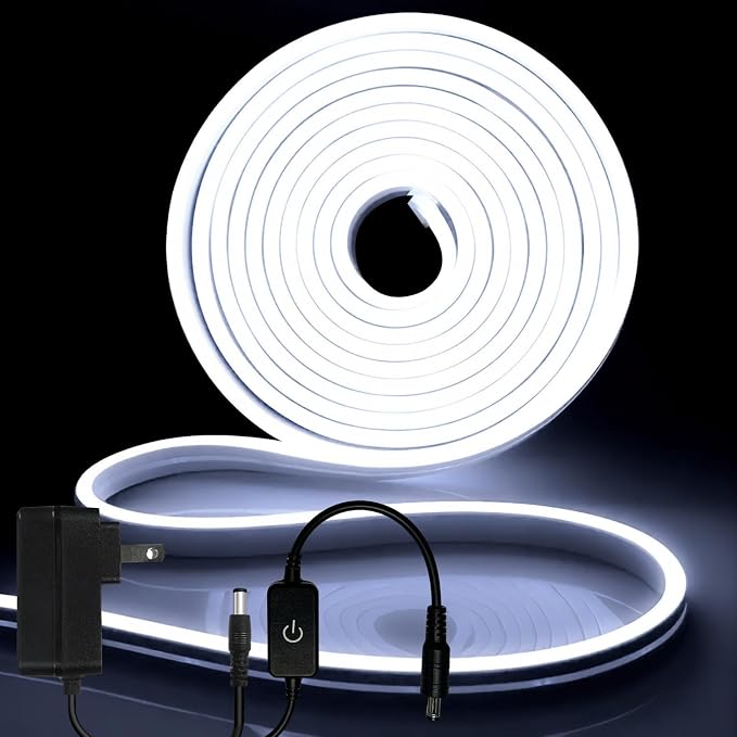 iNextStation 12V White LED Strip Lights 16.4FT/5M, IP65 Waterproof Silicone Neon Light Strip, Flexible Led Rope Lights for DIY, Cuttable, LED Light Strip for Bedroom, Indoor, Outdoor(with Plug)