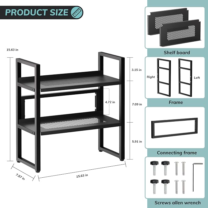 Brakki Desk Shelf Organizer, 2-Tier Desktop Bookshelf, Small Office Shelf | Adjustable Shelf, Metal Desktop Rack for Dorm, with Foot Mat, Multi-Functional Organization, Black