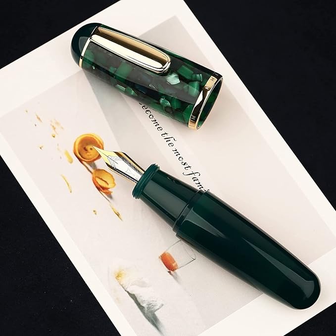 Lanxivi Majohn Q1 Fountain Pen Fine Point Green Marble, Little Fat Man Eyedropper Filling Pocket Pen Large Capacity