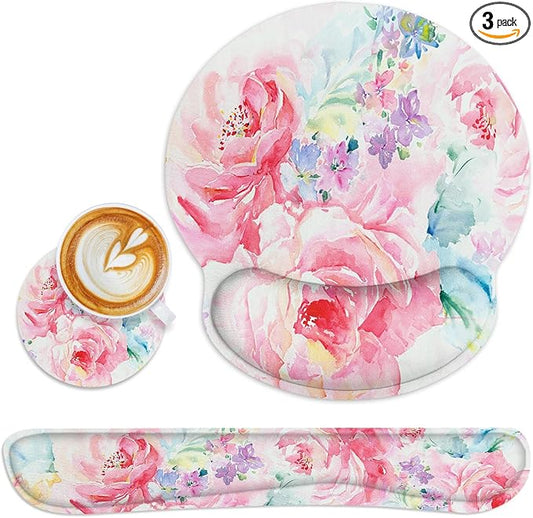 Britimes Flower Painting Watercolor Abstract Ergonomic Mouse Pad Set with Wrist Rest Non-Slip Rubber Base Wrist Cushion Support and Coasters Mousepad with Wrist Support for Computer Keyboard and Desk