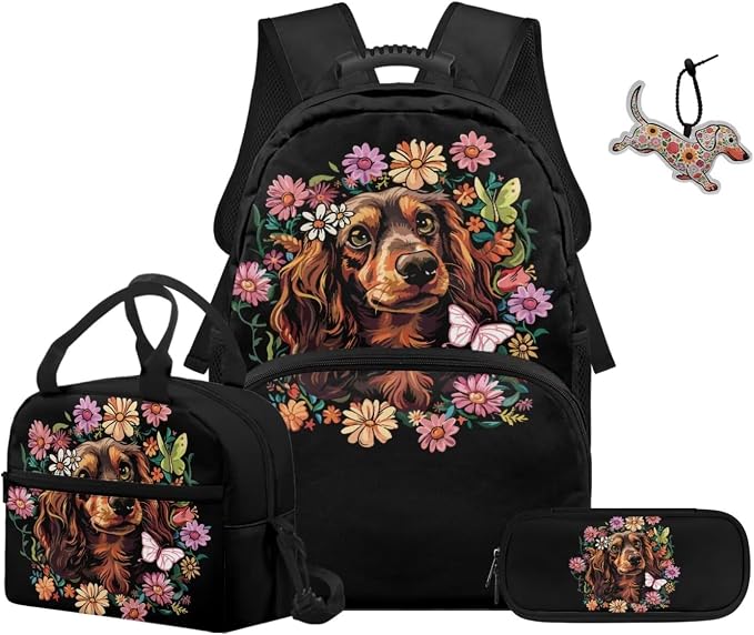 ZFRXIGN Dachshund Dog Teen Girls Backpack for School with Cute Pendant 4pc Backpack Set 17inch Middle High School Girls Bag and Insulated Lunch Box Pencil Case