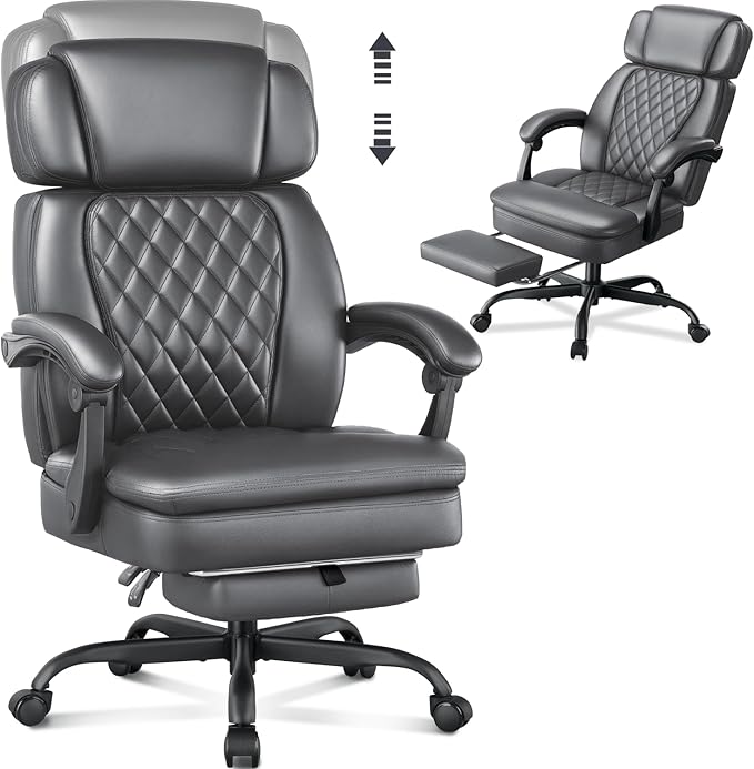 400lbs Executive Office Chair with Foot Rest for Heavy People, Ergonomic Big and Tall Desk Chair with Adjustable Headrest, High Back PU Leather Comfy Heavy Duty Computer Chair with Spring Cushion