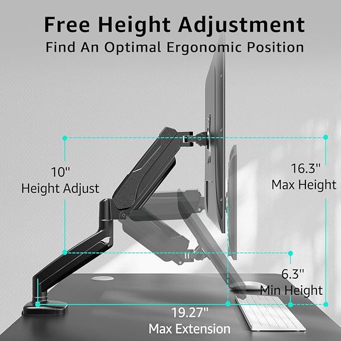 Redragon GMK914 Single Monitor Mount Stand - Gas Spring Adjustable Arms with VESA 75/100mm, 13-32 Inch Screen Compatibility, C Clamp & Grommet Base, Cable Management, 17.6lbs Load Capacity
