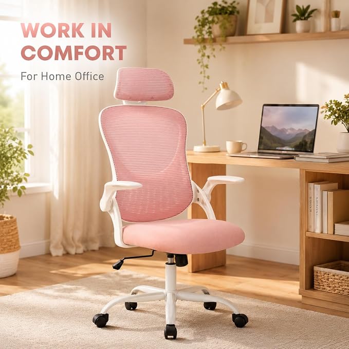 Pink Ergonomic Office Chair, High Back Mesh Desk Chair with Adjustable Headrest Lumbar Support, Computer Chairs with Flip-up Armrests and Thickened Cushion for Adults Home Office, 360° Swivel
