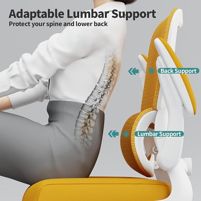TRALT Office Chair - Ergonomic Desk Chair with Adjustable Lumbar Support, Mesh Computer Chair, Executive Chairs for Home Office Comfortable Lumbar Support (White Yellow)