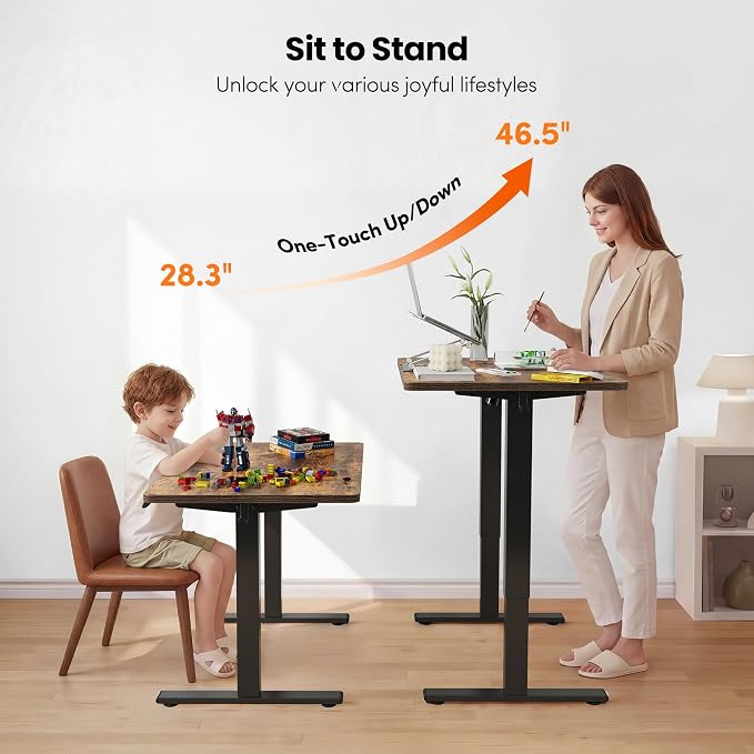 FEZIBO One-Piece Standing Desk, 48"x24" Seamless Tabletop Electric Height Adjustable for Home Office, Study Rooms & Multi-Device Workstations, Rustic Brown