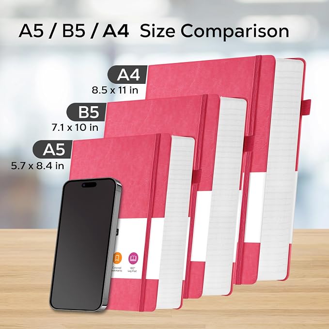 FOCUS DAY Lined Journal Notebook for Women/Men Writing Work, 320 Pages A4 Large Notebook notepads 8.5 x 11 for Note Taking, Hardcover Leather Journal, 100Gsm Thick Paper, Pink
