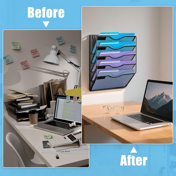 Magnetic File Holder,No Assembly Required & No Drilling,Hanging Magnetic File Organizer,Magnetic Mail Paper Folder Holder for Refrigerator,Whiteboard,File Cabinets (5-Tier)