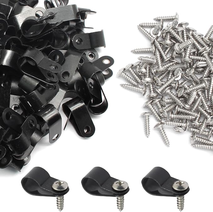 100 Pcs 3/8 Inch Black Nylon Screw Mounting Cable Clip Wire Clamp | R-type, 10.4mm, Wire Management, Stainless Steel Screws Included